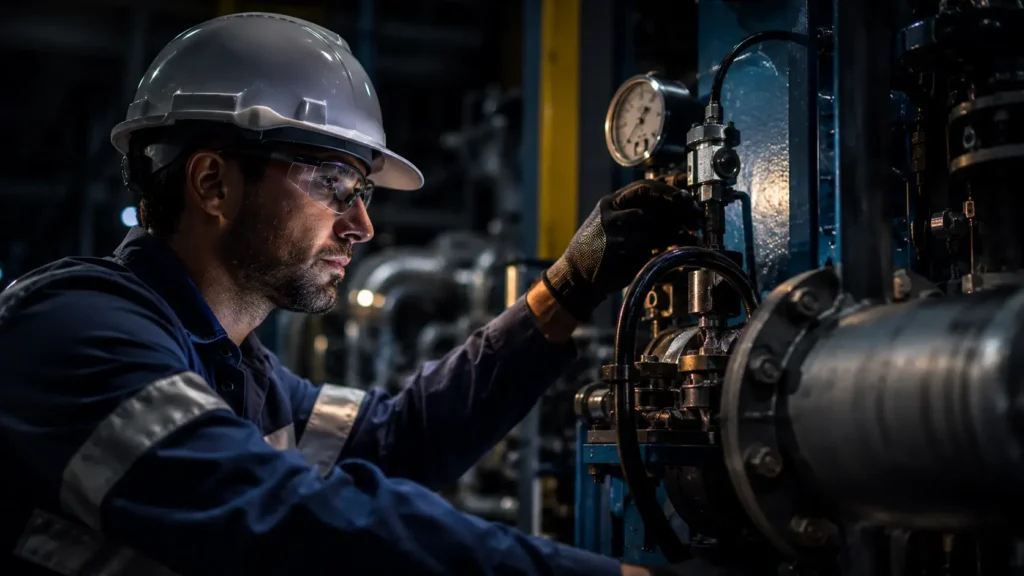 Commercial facility technician performing operational maintenance inspection in industrial environment