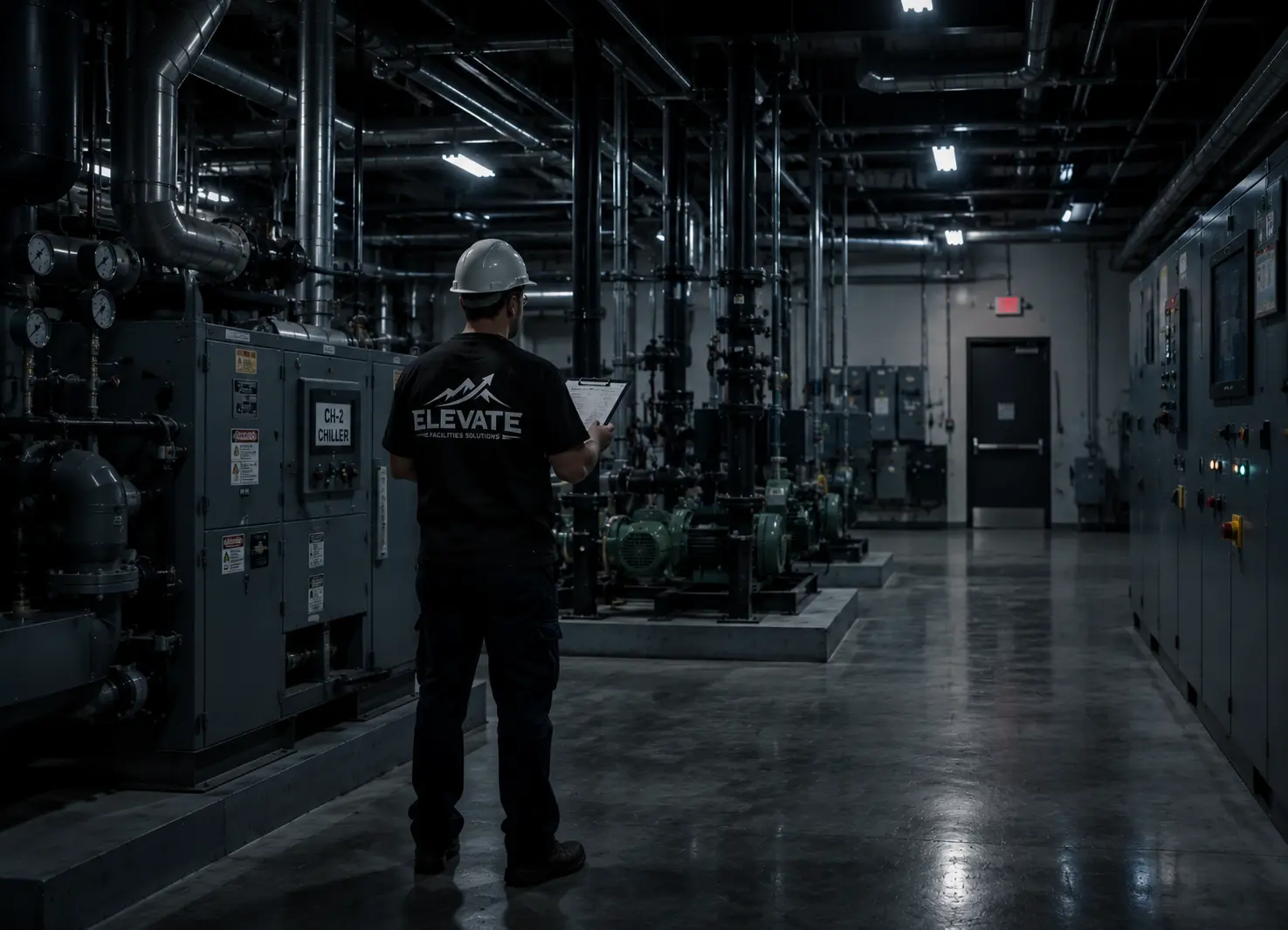 Commercial preventative maintenance technician inspecting operational facility infrastructure systems in enterprise environment